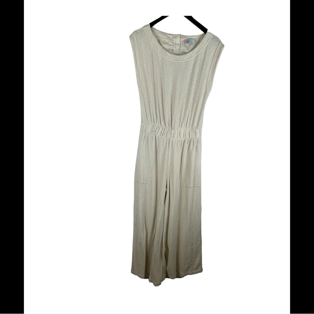 FP BEACH Sleeveless Cream Wide-Leg Jumpsuit with Elastic Waist